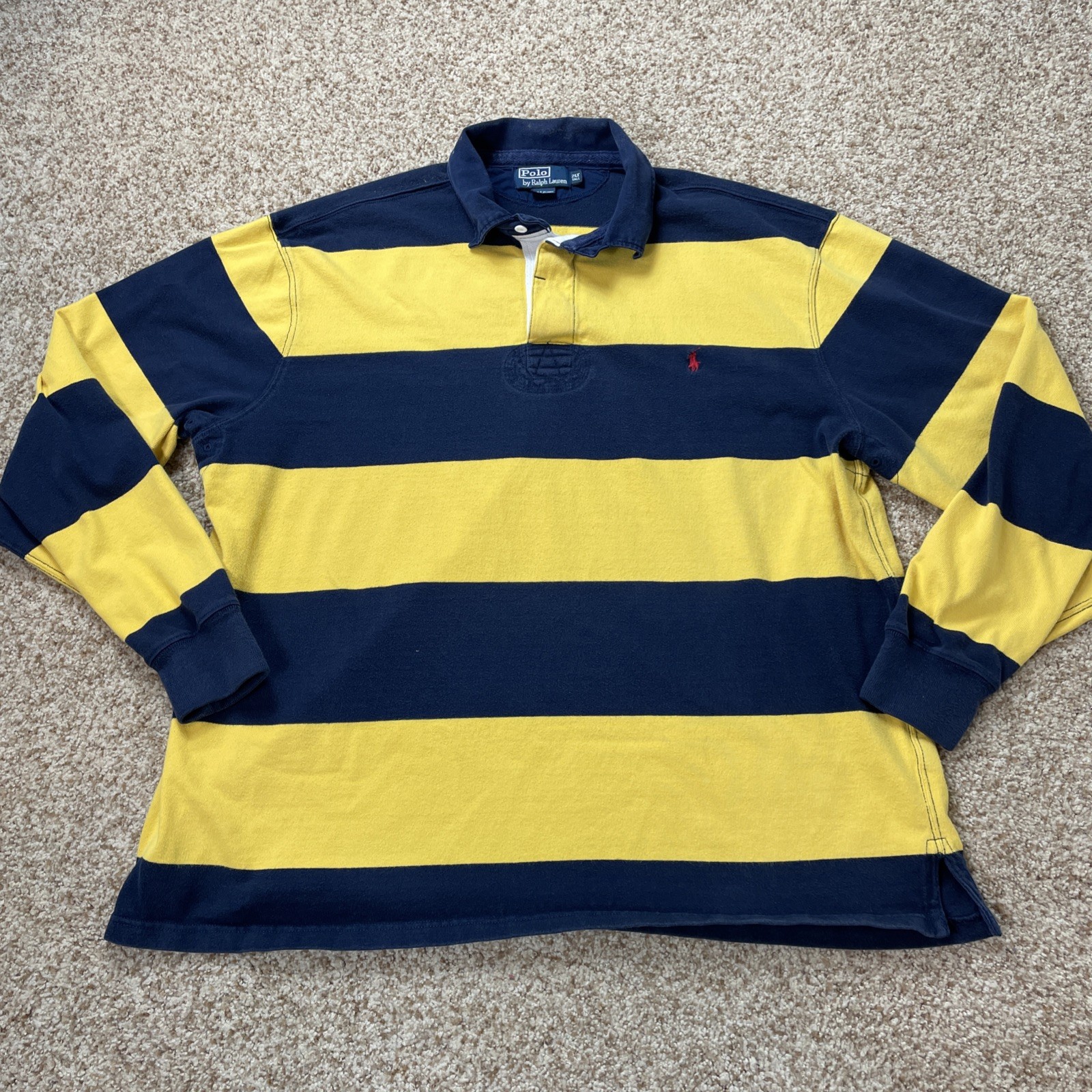 Vintage Polo Ralph Lauren Rugby Shirt Mens 2XLT Yellow Navy Stripe Long Sleeve