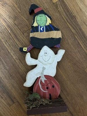 Halloween Wooden Folk Art Decoration   Witch, Ghost & Pumpkin   Rustic Primitive