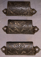 Great Set  3  Antique  Cast Iron  Bin  Cabinet  Pulls