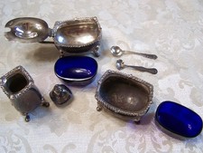 ADIE BROS LTD. Silver -2-Salt Cellars -COBALT INSERTS, 1 Salt Shaker