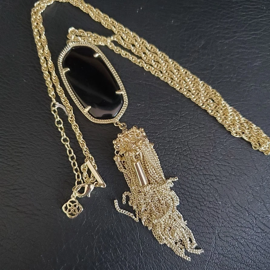 Collar Colgante Largo Kendra Scott Rayne en Borla Placa Oro Ónix Negro Firmado Foto 2 de 4