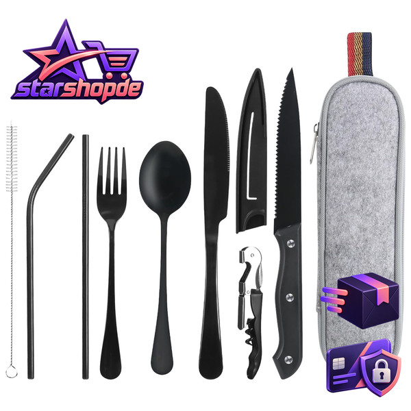 Reisebesteck 9-Teilig Edelstahl Campingbesteck Mit Tasche Tragbar Schwarz-image