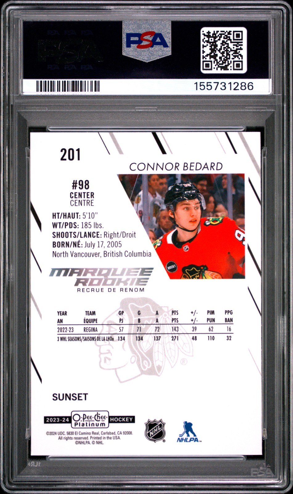 2023 UD O-PEE-CHEE PLATINUM SUNSET #201 CONNOR BEDARD ROOKIE RC PSA 9 view 2