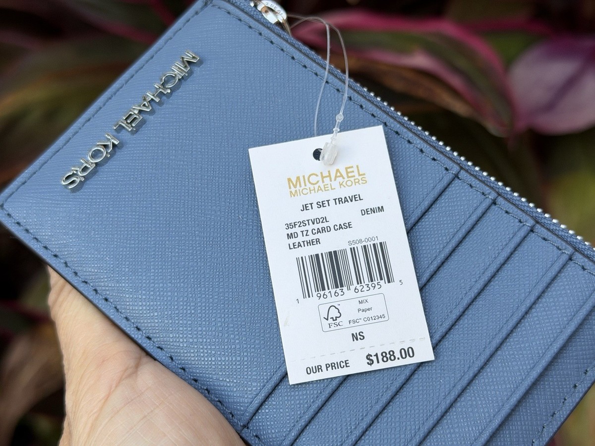 Michael Kors Jet Set Travel Top Zip Card Case Wallet Denim/Silver