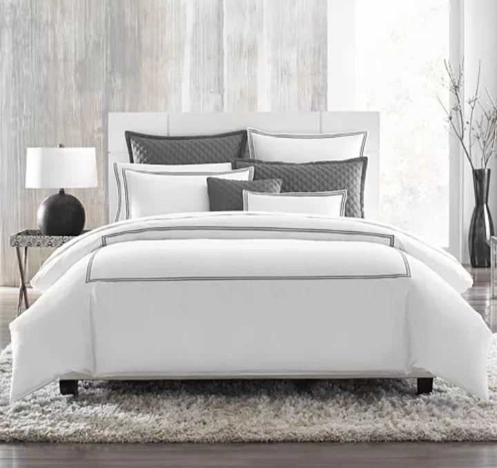 Hudson Park "Italian Percale" Euro Shams Set, 2, White/Charcoal, Embroidered NWT - Image 2 of 4