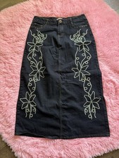 Vintage Be Girl Denim Embroidered Floral Midi Skirt 90s Y2k