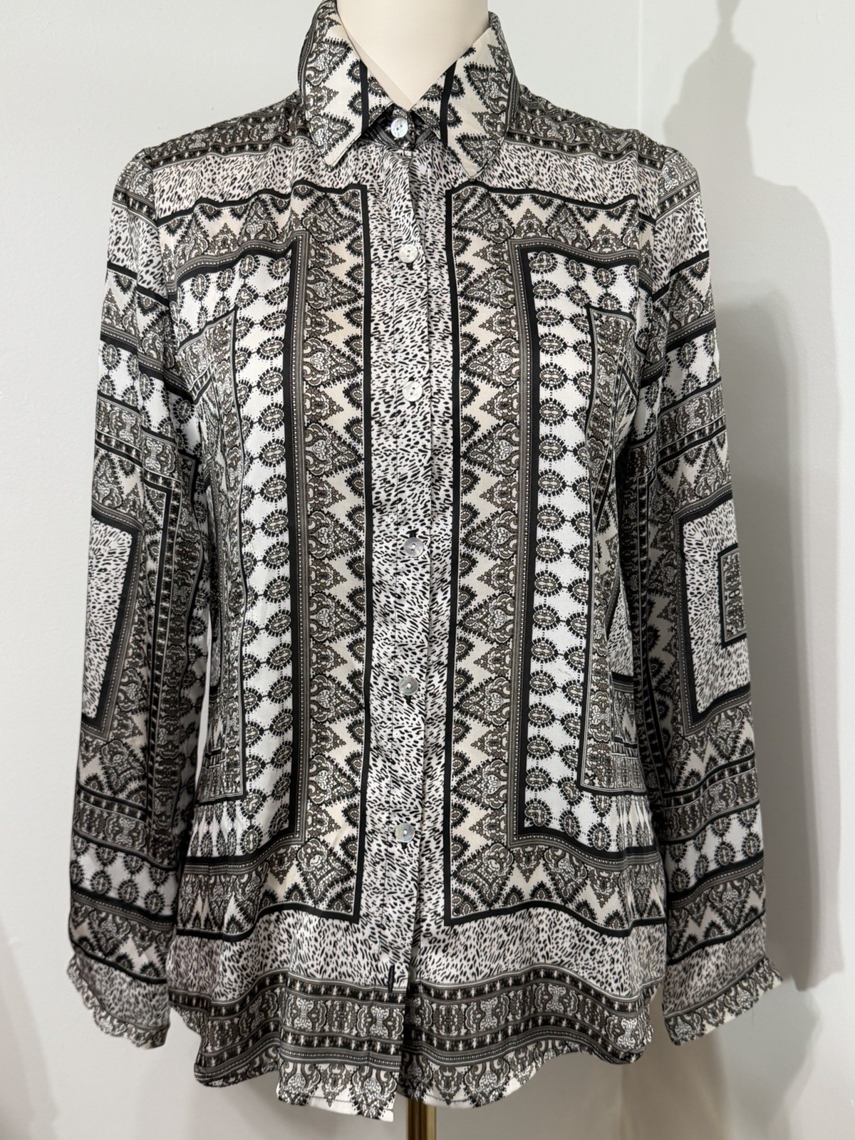 Chicos Blouse Black Brown White Scarf Print Boho … - image 1