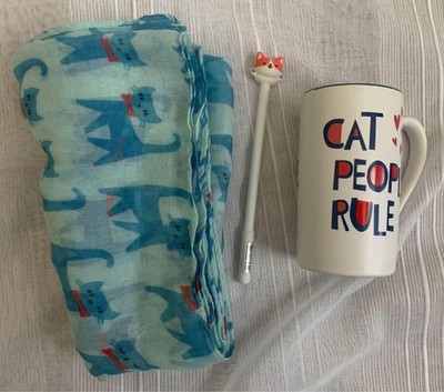 Lot of Cat People Lover -New ! Beautiful Cup, Graceful Scarf, Pen With Cute Cat 