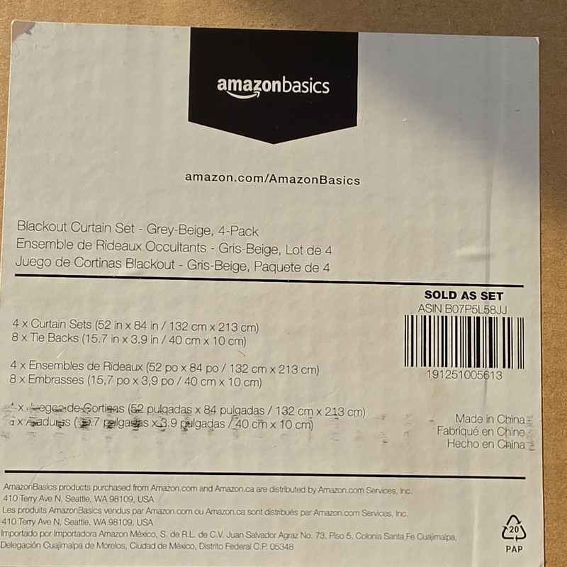 AmazonBasics Blackout Curtains 52x84 Grey-Beige 4-Pack Rod Pocket Tie Backs