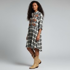 Anthropologie Maeve For & Flare Shirtdress Embroidered Plaid Black Cream Small