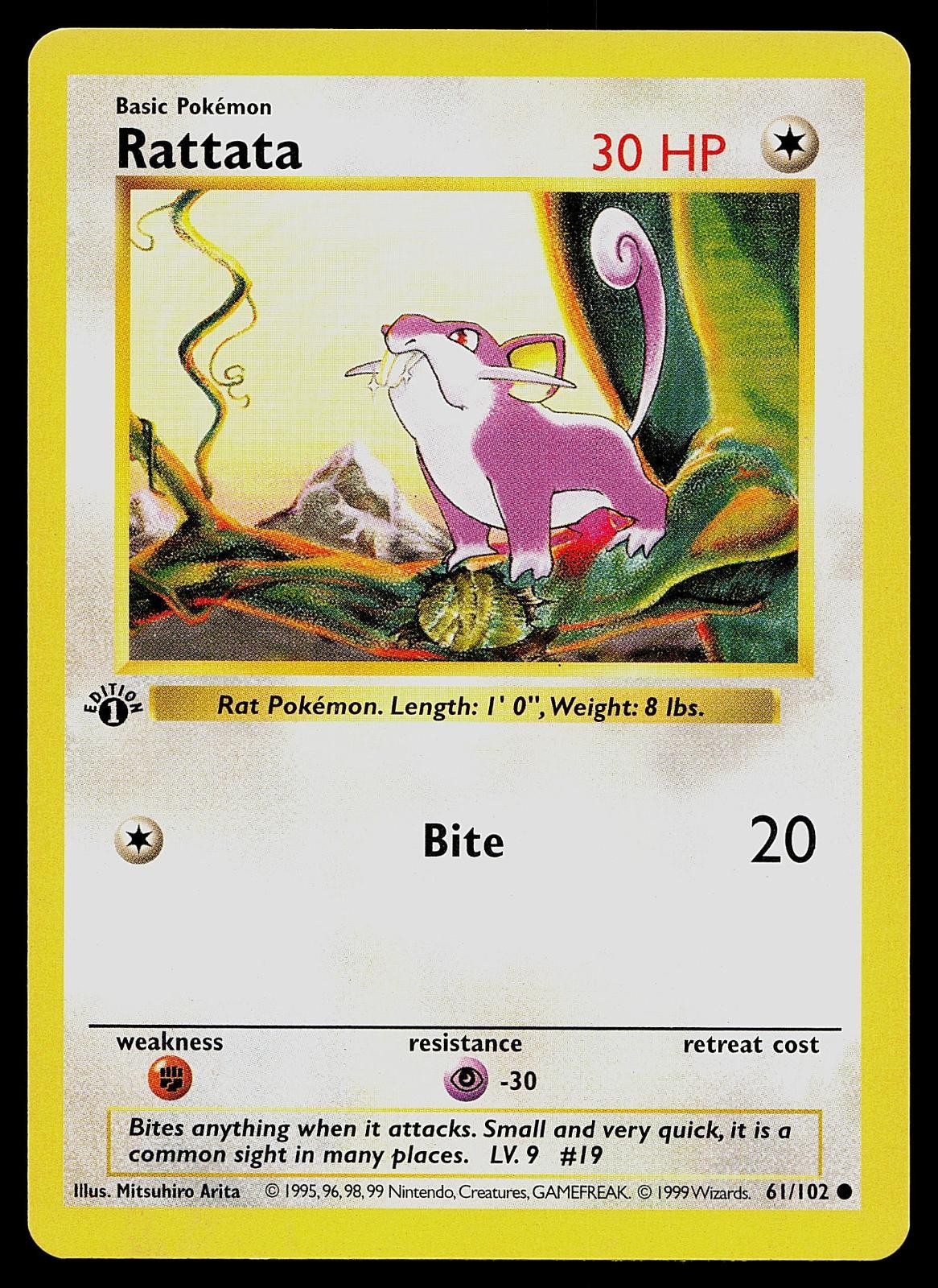 Pokemon Card - Rattata Base Set Shadowless 61/102 1st Edition Common