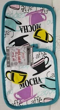 Set of 2 Printed Kitchen Pot Holders (7"x7") COLORFUL COFFEE CUPS, HS