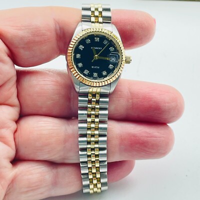 HENRICKS Womens Watch Two Tone Bracelet Black Dial Crystal Hours Date READ