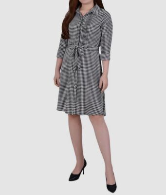 NY Collection Womens' Black Houndstooth Self-Tie Shirt Dress Petite Size PL