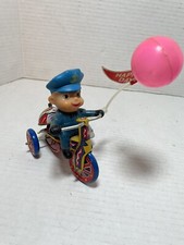 Vintage Happy Days Mechanical Police Tricycle Tin Litho Tin Wlnd Up Toy