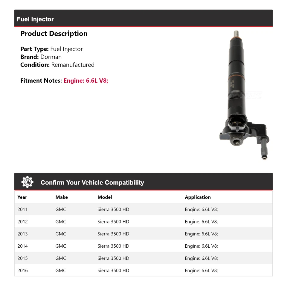 Inyector de combustible Dorman para GMC Sierra 3500 HD 2011-2016 6,6 L V8 2012 2013 2014 Foto 2 de 4