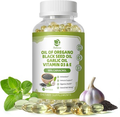 Oregano Oil Capsules Organic with Black Seed Oil, Garlic Oil, Vitamin D3 E, 99%