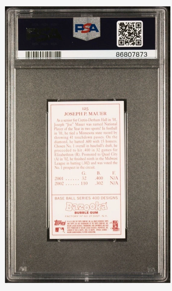 2003 Topps 205 Joe Mauer Rookie RC BAZOOKA RED SSP /5 PSA 8.5 Pop 1 RARE  #125 - Image 2 of 4