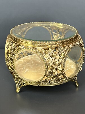 Vintage Matson Stylebuilt Large Jewelry Casket Box 5 Round Glass Beveled Panel