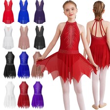Kids Girls Lyrical Figure Skating Rhinestones Dance Dress Tutu Leotard Dress