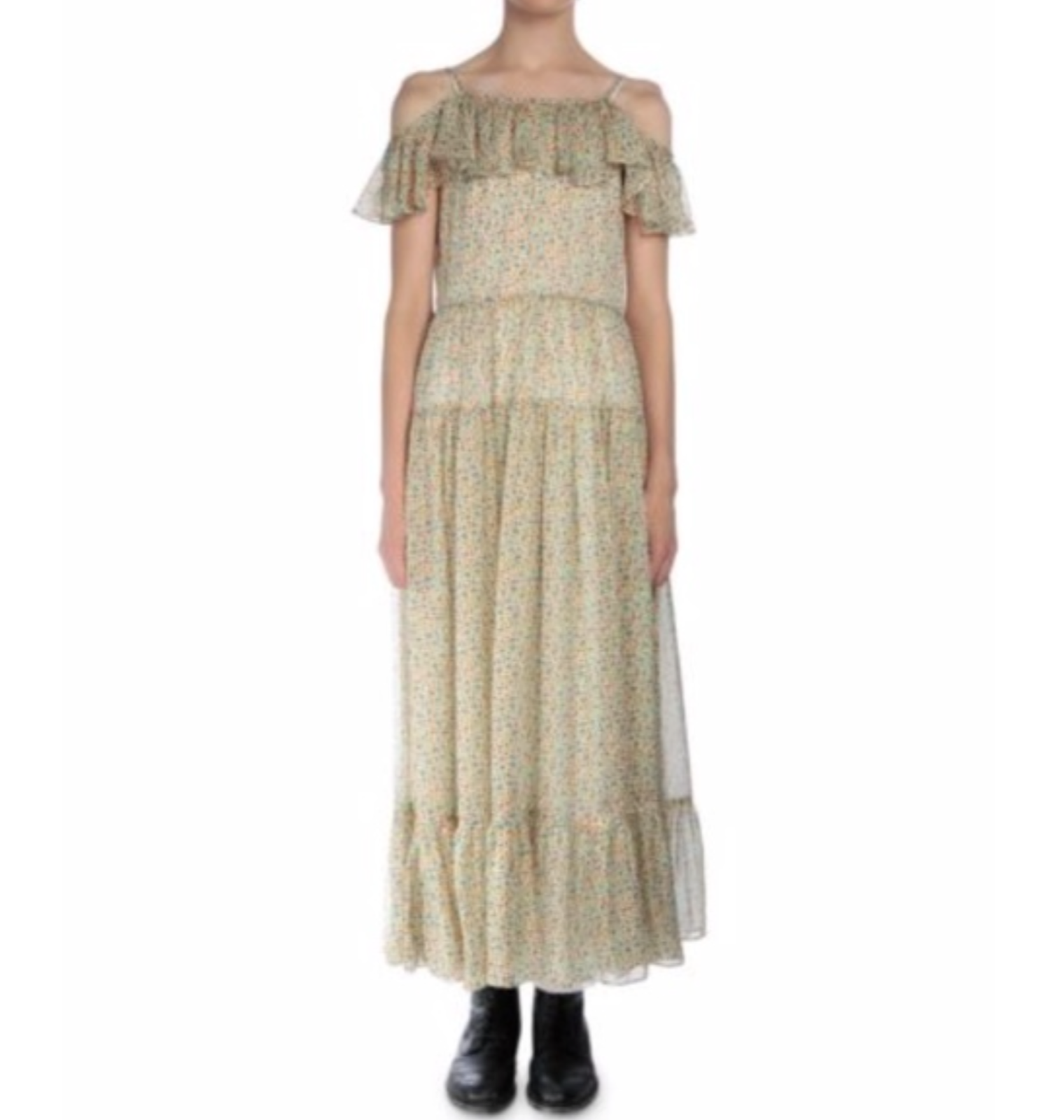 SAINT LAURENT Abito in seta floreale giallo contadino taglia 40 maxi flare estivo