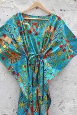 Indian Long Gown Kimono Frida Kahlo Printed Maxi Dress Cotton Kaftan Bath Robes