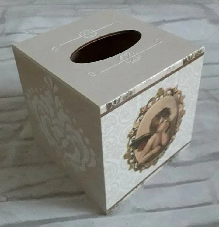 Angel Tissue Square Box Cover Holder wooden handmade decoupaged - Image 1 of 1