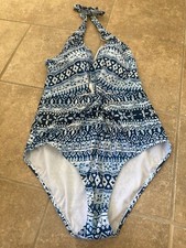 NWT Jantzen Blue/White Blue Gem Halter Tummy Control 1-Piece Swimsuit Size 16