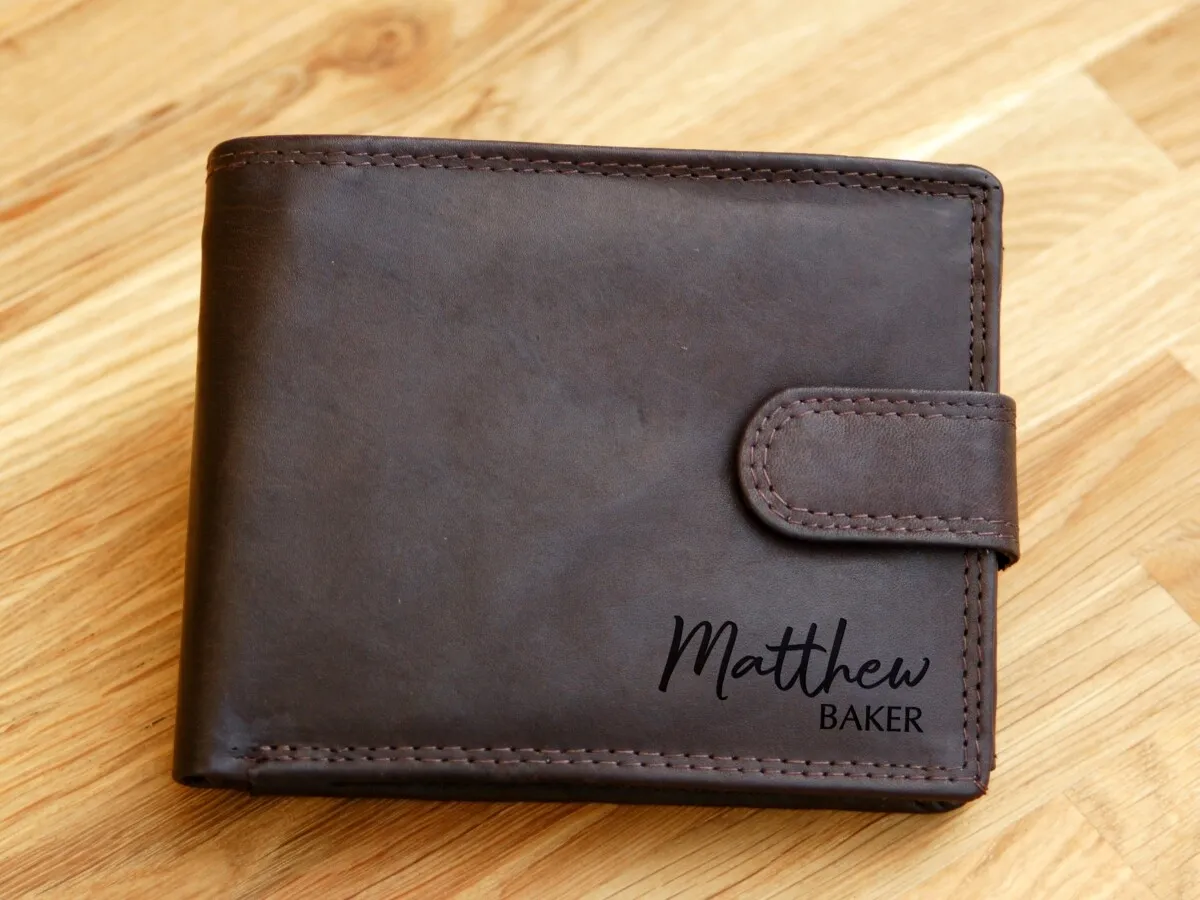 Personalised NAME Engraved Genuine Leather Wallet RFID Birthday Anniversary  Mens