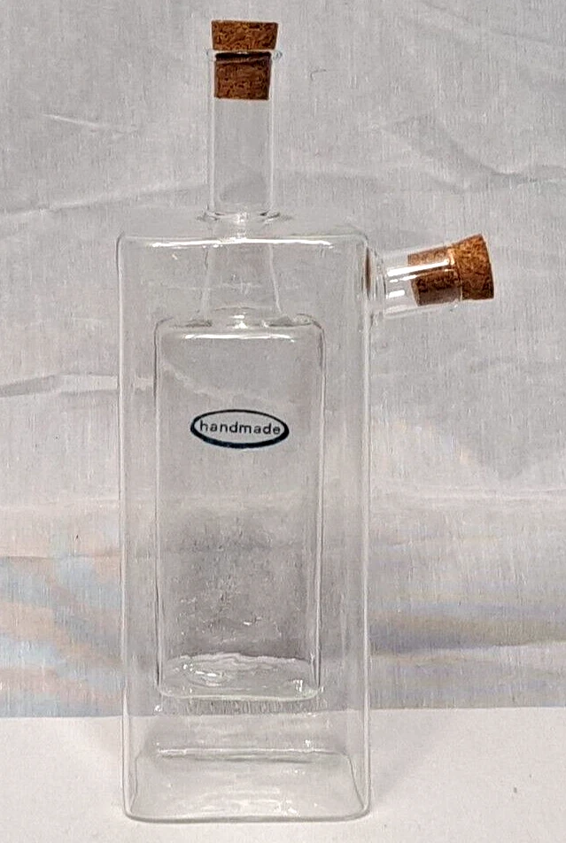 New Vintage Handblown Clear Glass Oil & Vinegar Two Chamber Dispenser With Corks