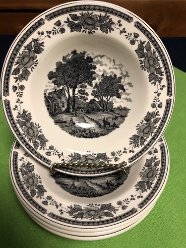 Oxford China Brazil Salad/Dessert Bowls X 4 Black Transferware 7.50" Restaurant