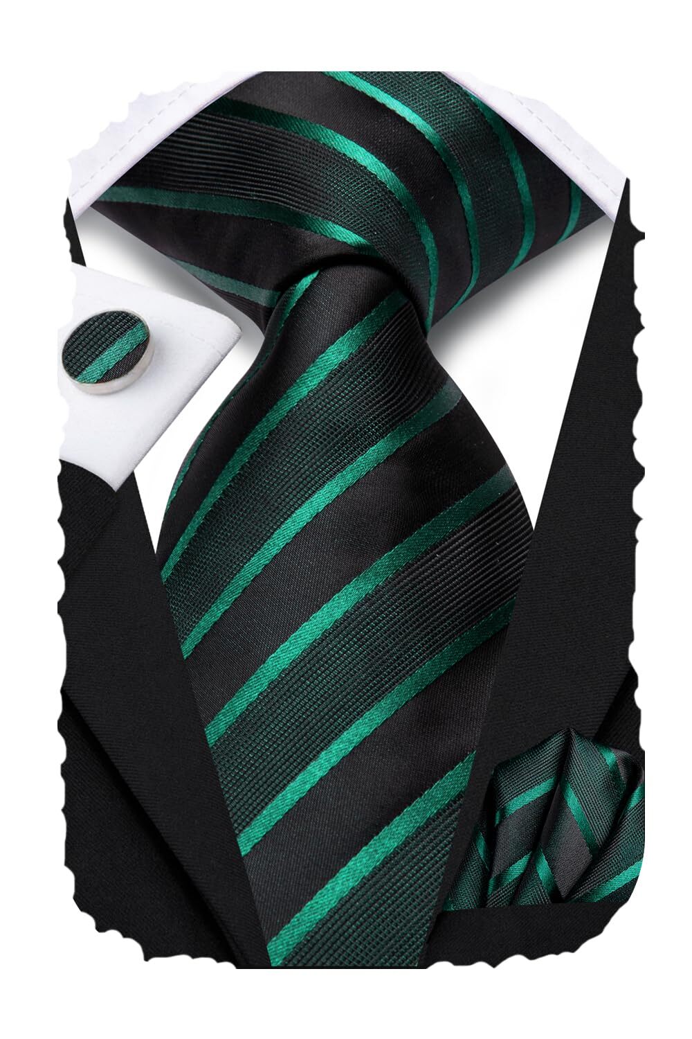 Black and Green Ties for Men 70'' Extra Long Silk Striped Men's Ties and Pock...