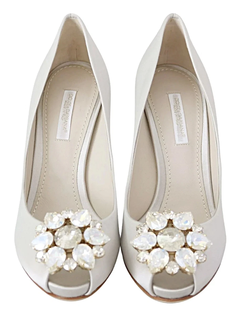Dolce Gabbana White Satin Crystal Bellucci Heels Pumps Shoes