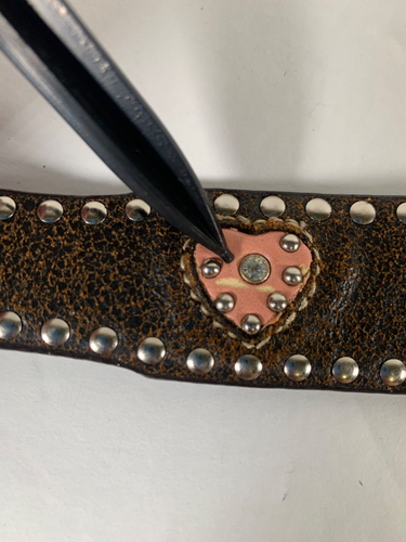 Nocona Belt Girls Sz 18 Brown Leather Rhinestone Pink Heart Cross No Buckle - Picture 5 of 6