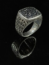 John Hardy Mens Silver Classic chain signet Black Diamond size 9