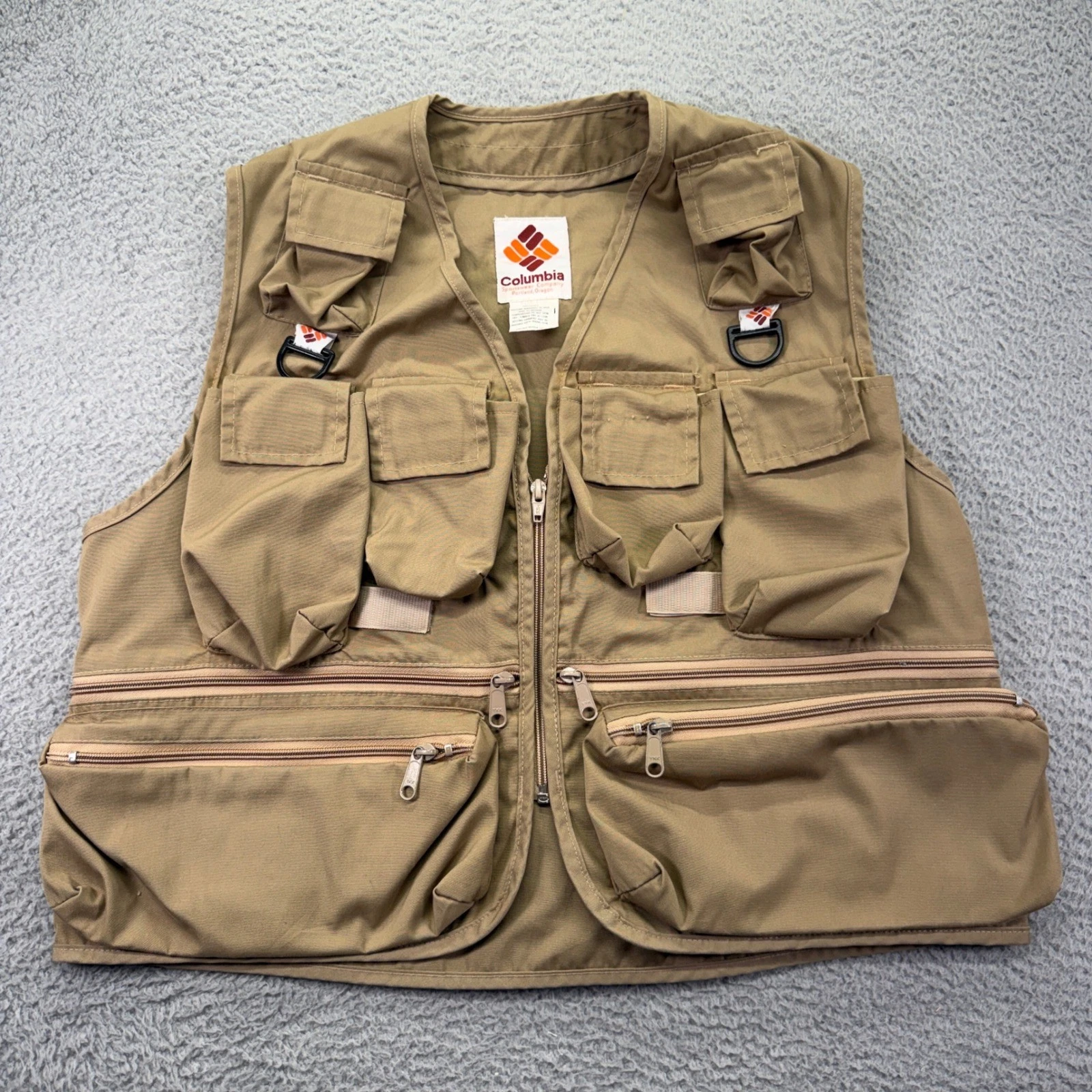 Vtg Columbia Sportswear Fishing Vest Mens Medium Khaki Utility Pockets Full Zip