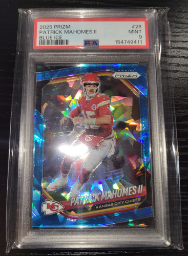 2025 Panini Prizm- Blue Ice Prizm- Patrick Mahomes II # 26 SN 14/ 99 PSA 9