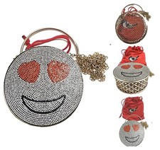 SMILEY FACE CRYSTALS GOLD HOLLOW OUT METAL MESH,REMOVABLE POUCH CROSSBODY BAG