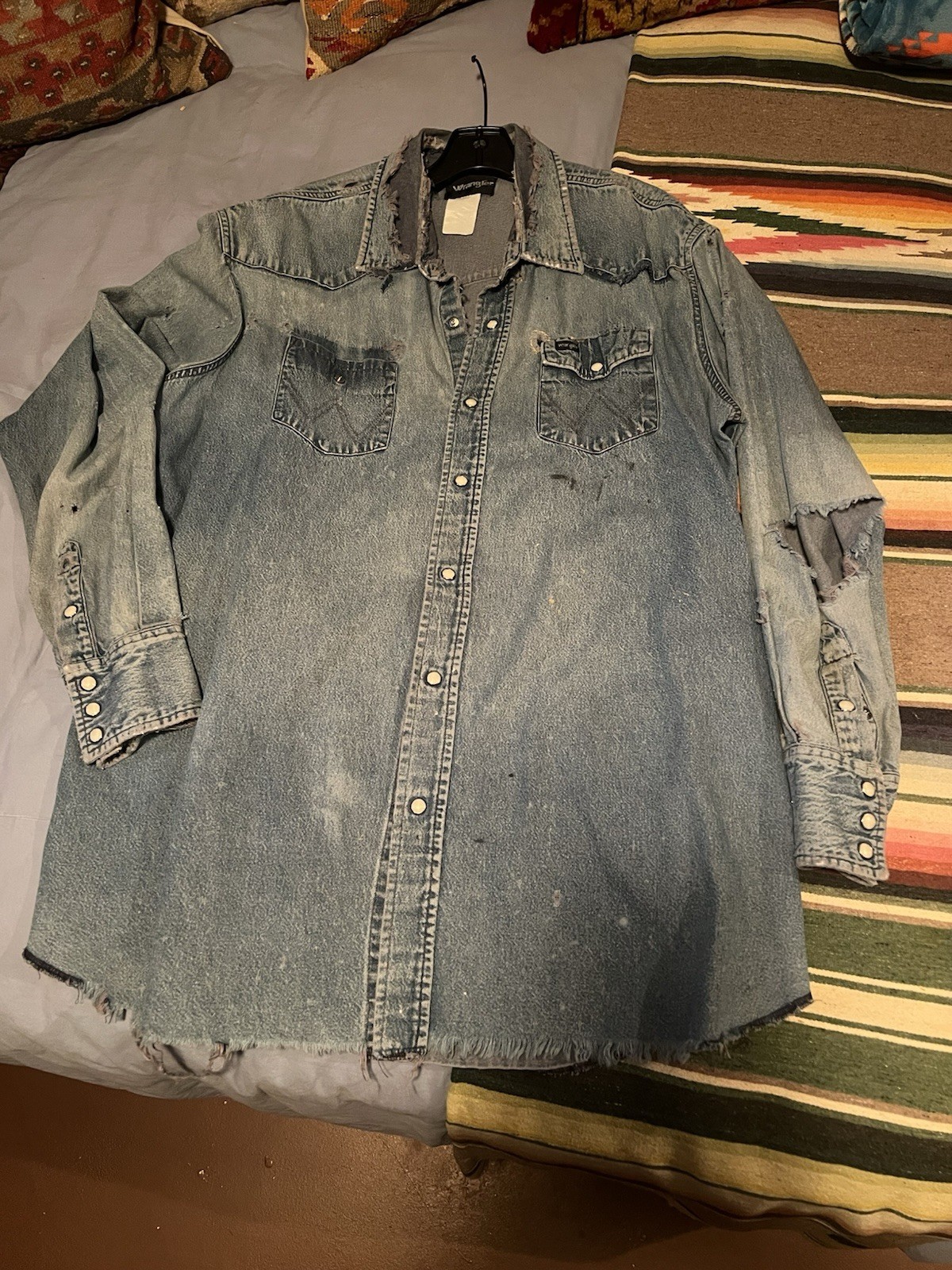 's Distressed Denim Button-up Shirt Blue Long Sleeve Pockets