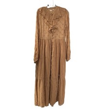 DOEN Women Maxi Dress Ruffle Tiered Tan Brown Embroidered Cotton Small NWOT