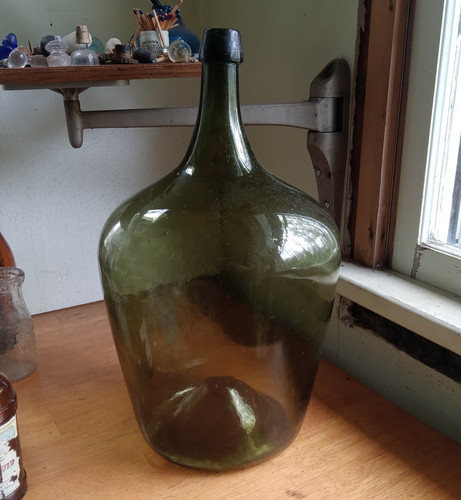 1850s OPEN PONTIL FREE BLOWN DEMIJOHN BOTTLE 16 1/4" CRUDE SWIRLS IN GLASS NICE!