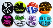 Vintage Reproduction Protest Pinback Buttons Magnets  Bottle Openers. Set 05