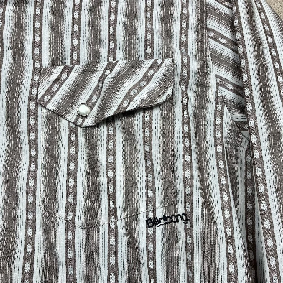 Billabong Men's Vintage Striped Western Pearl Snap Shirt Brown L Surfer Y2K - Image 4 of 4