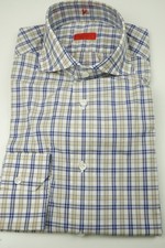 Isaia Bright Cobalt Beige White Plaid Long Sleeve Cotton Dress Shirt 15.5/39 NEW