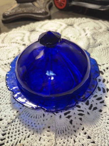 Vintage Jeanette Cobalt Blue Glass Cherry Blossom Covered Butter Dish