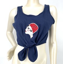 Vintage 1970s Flapper Applique Hippie Sleeveless Tie Front Summer Crop Top md
