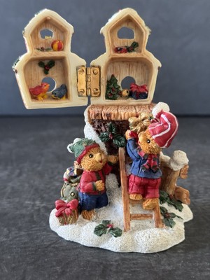 Vintage Christmas Bears Figurine Hidden Opening Bird House Kitsch Holiday Decor