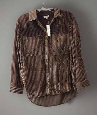 NEW Women's Anthropologie Brown Velour Striped LongSleeve ButtonUp Size Sm Petit