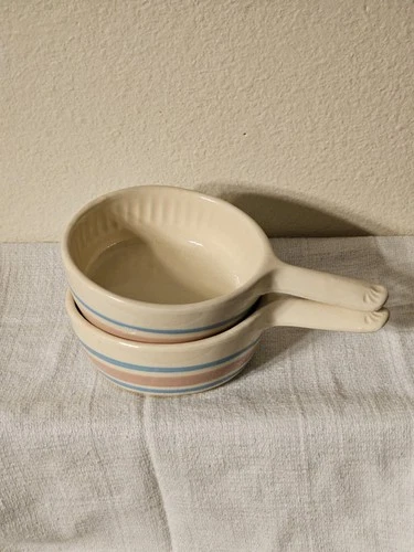 McCoy Pink/Blue Stripe Soup Bowl with Handle #874 USA Vintage LOT OF 2