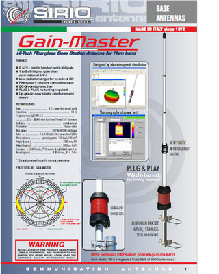 Sirio Gain-Master Hi-Tech Fiberglass 5/8 Wave 10m & CB/HAM Base Antenna